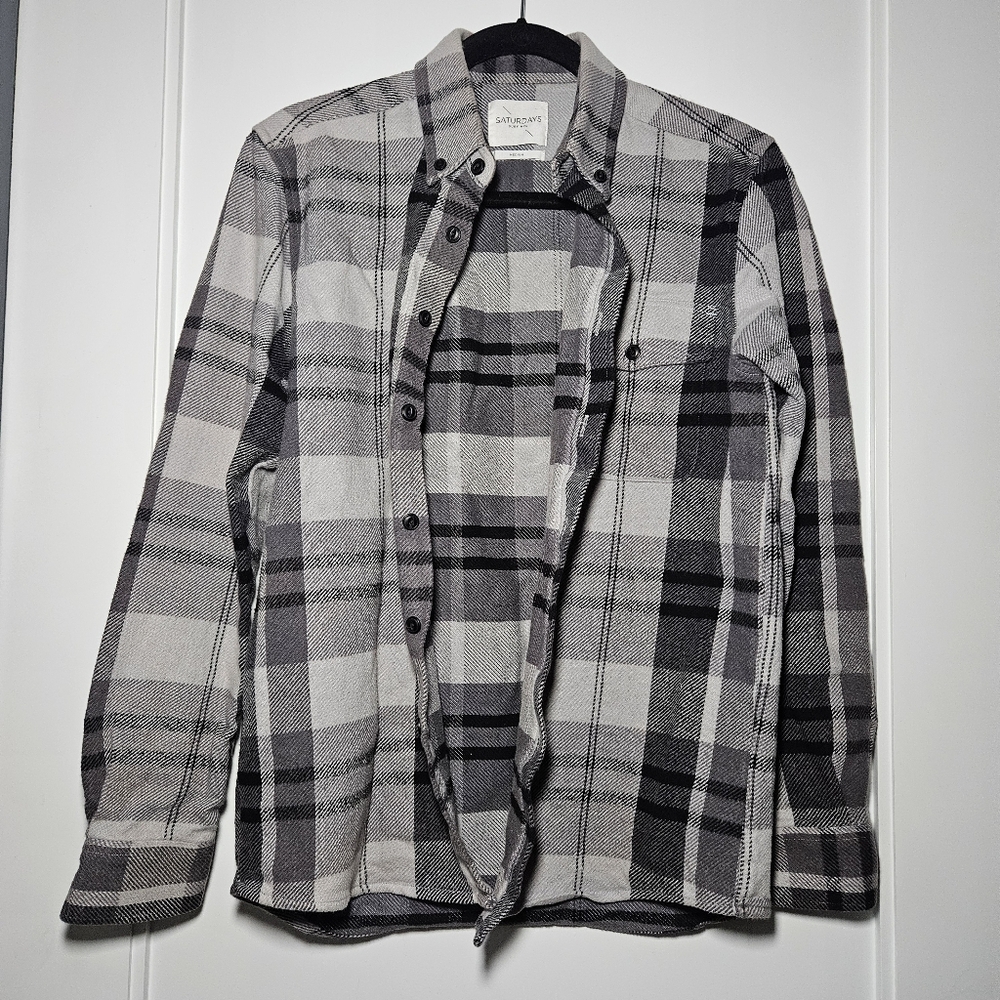 Saturdays Surf NYC Flannel Shirt Men's Gray Plaid Button Down Cotton Sz Medium - Picture 5 of 8